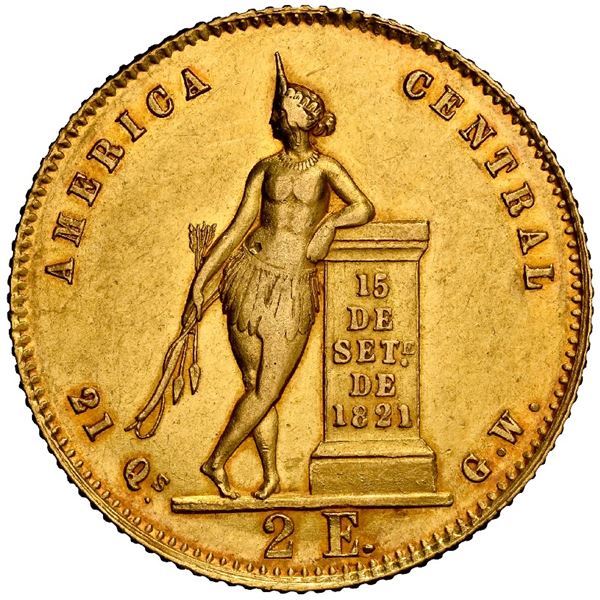 COSTA RICA, San José, gold 2 escudos, 1855 GW, NGC AU 58,  top pop  in NGC census.