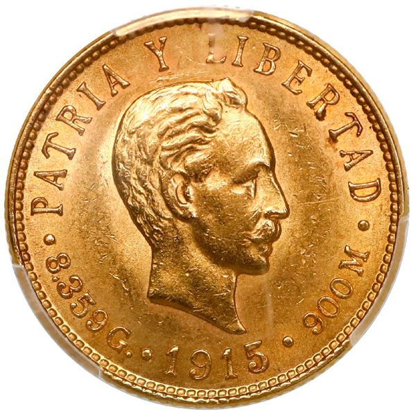 CUBA, struck at the Philadelphia mint, gold 5 pesos, 1915, José Martí, PCGS MS62.