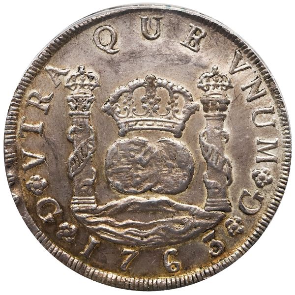 GUATEMALA, Guatemala City, pillar 8 reales, Charles III, 1763 P, PCGS AU58, finest known in PCGS cen