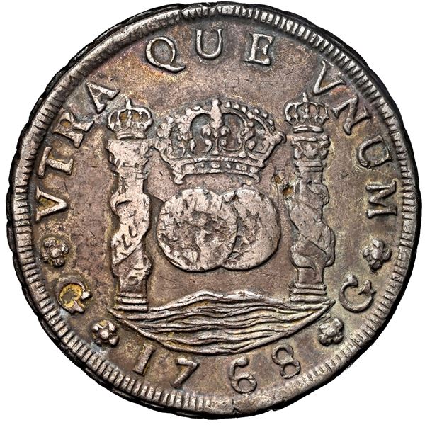 GUATEMALA, Guatemala City, pillar 8 reales, Charles III, 1768 P, inverted N's in IND and VNUM, NGC V