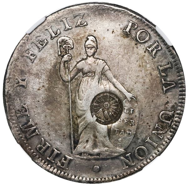 GUATEMALA, Guatemala City, 8 reales, Type IV hinged-dies double countermark (1841) on a Lima, Peru,