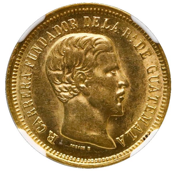 GUATEMALA, Guatemala City, gold 4 pesos, 1869 R, Carrera, NGC MS 62.