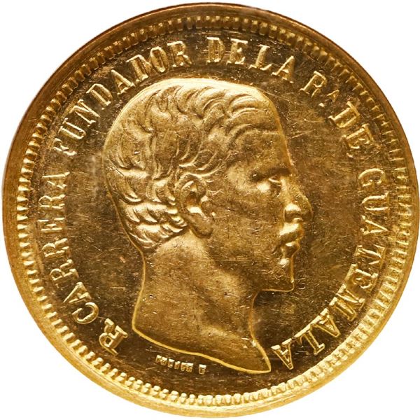 GUATEMALA, Guatemala City, gold 4 pesos, 1869 R, Carrera, NGC AU 58.