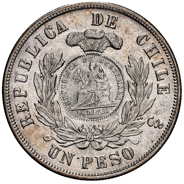 GUATEMALA, Guatemala City, 1 peso,  1/2 real  counterstamp of 1894 on a Santiago, Chile, 1 peso, 188