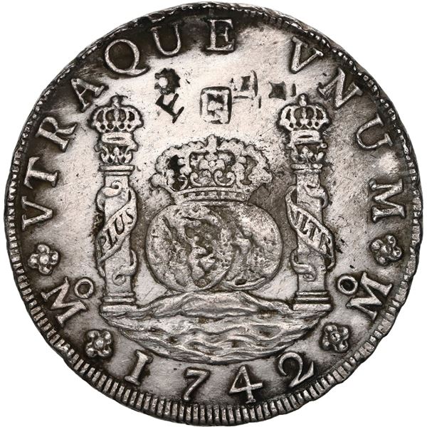 MEXICO, Mexico City, pillar 8 reales, Philip V, 1742 MF, with chopmarks from circulation in Asia.