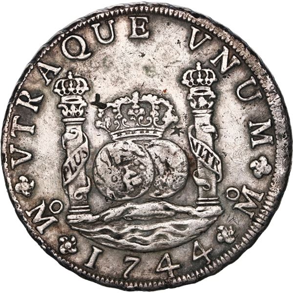 MEXICO, Mexico City, pillar 8 reales, Philip V, 1744 MF, with tiny chopmarks from circulation in Asi