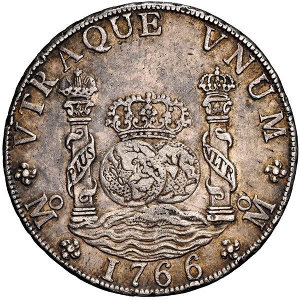 MEXICO, Mexico City, pillar 8 reales, Charles III, 1766 MF, NGC AU 53.