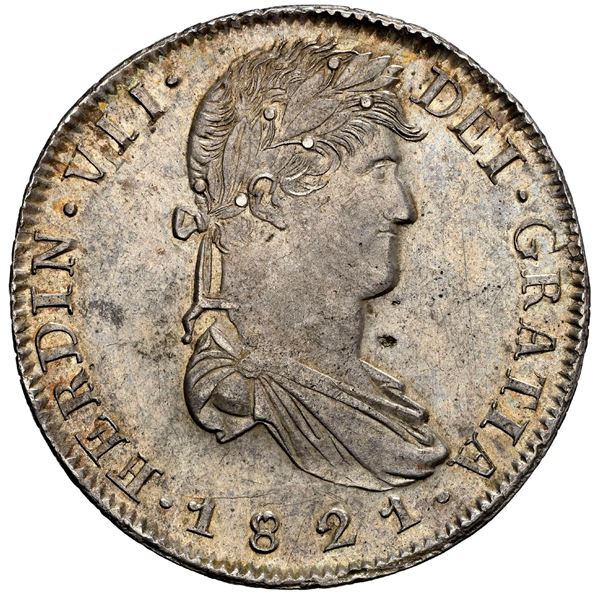 MEXICO, Zacatecas, bust 8 reales, Ferdinand VII, 1821 RG, NGC UNC details / obv cleaned.