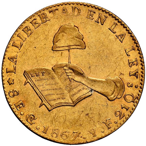 MEXICO, Guanajuato, gold 8 escudos, 1867/57 YF, NGC AU details / cleaned.