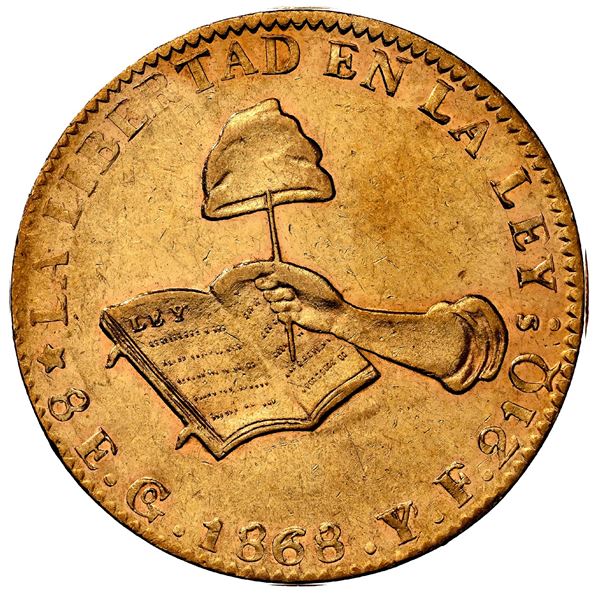 MEXICO, Guanajuato, gold 8 escudos, 1868/58 YF/PF, NGC AU 55.