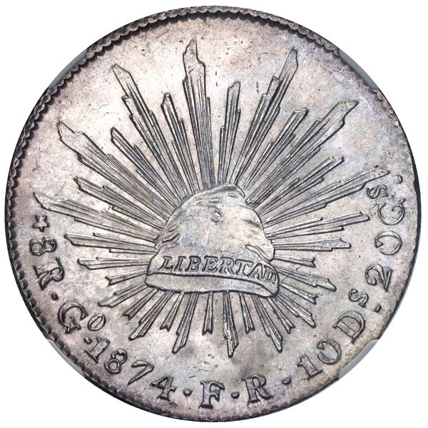 MEXICO, Guanajuato, cap-and-rays 8 reales, 1874 FR, NGC MS 63.