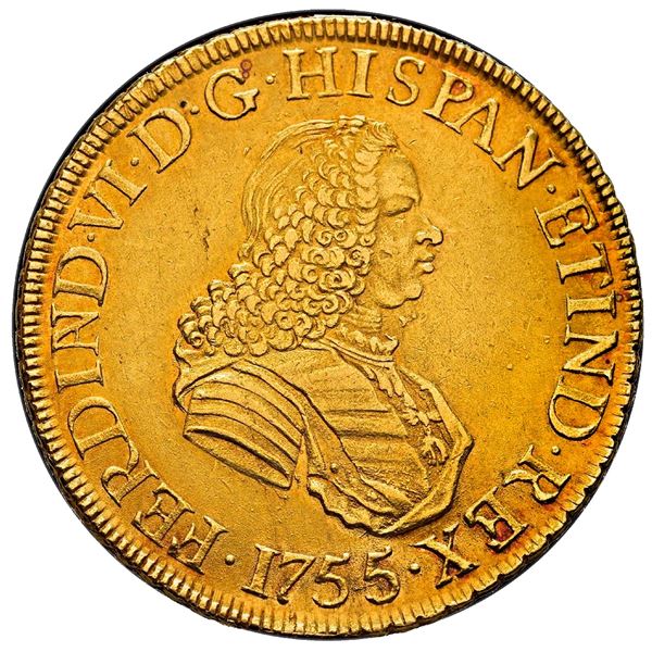 PERU, Lima, gold bust 8 escudos, Ferdinand VI, 1755/4 JM, rare, PCGS AU58, finest and only example i