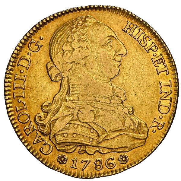 SPAIN, Seville, gold bust 8 escudos, Charles III, 1786 C, NGC AU details / cleaned.