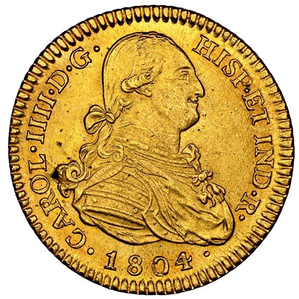 SPAIN, Madrid, gold bust 2 escudos, Charles IV, 1804 FA, NGC MS 63.