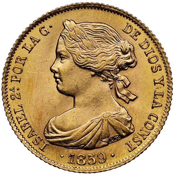 SPAIN, Barcelona, gold 100 reales, Isabel II, 1859, NGC MS 65.