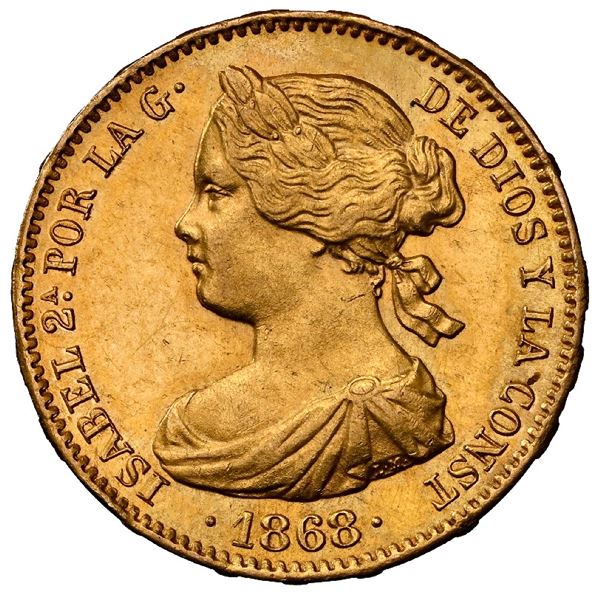 SPAIN, Madrid, gold 10 escudos, Isabel II, 1868, with 18-68 inside stars, NGC MS 61.