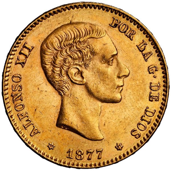SPAIN, Madrid, gold 25 pesetas, Alfonso XII, 1877 DE-M, with 18-77 inside stars, NGC AU 58.