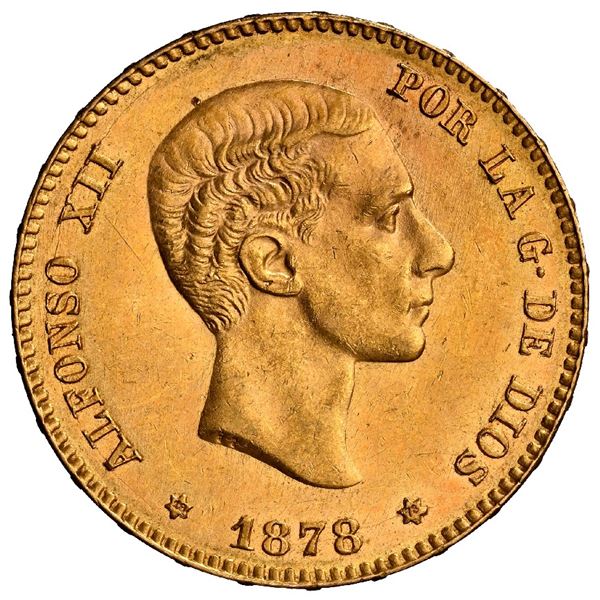 SPAIN, Madrid, gold 25 pesetas, Alfonso XII, 1878 DE-M, with 18-78 inside stars, NGC MS 61.