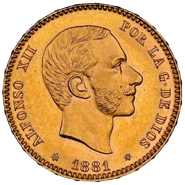 SPAIN, Madrid, gold 25 pesetas, Alfonso XII, 1881 MS-M, with 18-81 inside stars, NGC MS 65.