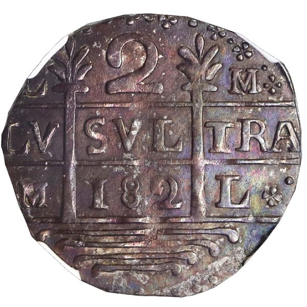VENEZUELA, Caracas, "imitation cob" 2 reales, "182" date (early 1800s), quadrants of cross transpose