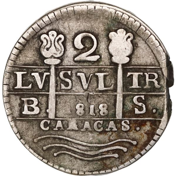 VENEZUELA, Caracas, 2 reales, "1818" (1R-sized digits, struck ca. 1830), assayer BS, florets flankin