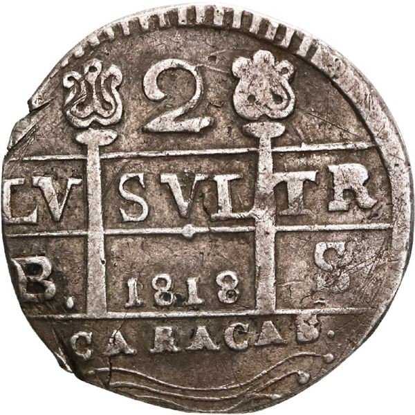 VENEZUELA, Caracas, 2 reales, "1818" (1R-sized digits, struck ca. 1830), assayer BS, florets flankin