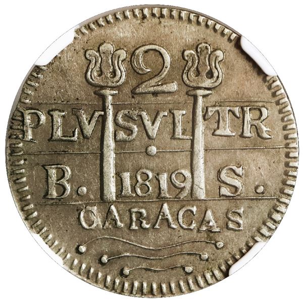 VENEZUELA, Caracas, 2 reales, Ferdinand VII, 1819 BS, quadrants of cross transposed, NGC AU 50.