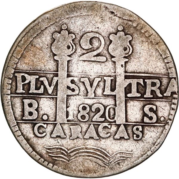 VENEZUELA, Caracas, 2 reales, Ferdinand VII, 1820 BS, quadrants of cross transposed.
