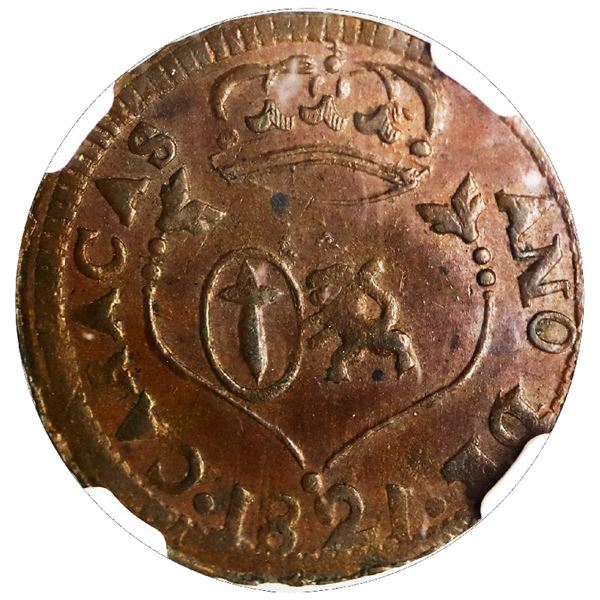 VENEZUELA, Caracas, copper 1/4 real, Ferdinand VII, 1821, retrograde 1's, NGC AU 55 BN.