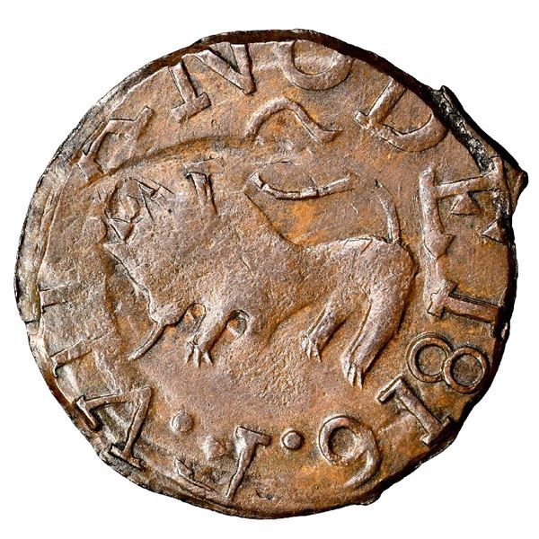 VENEZUELA, Guayana, copper 1/2 real, Ferdinand VII, 1816 (date facing inward), NGC MS 62 BN, "top po