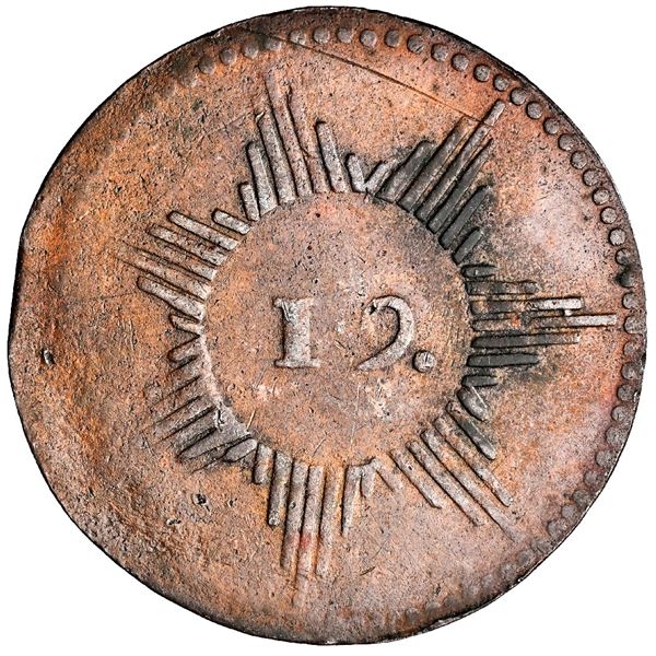 VENEZUELA, Caracas, copper 1/4 real, 1812, rare, NGC XF details / environmental damage.