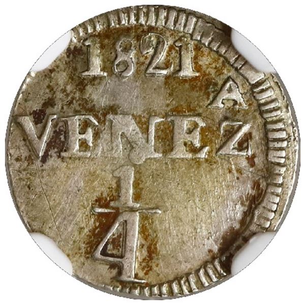 VENEZUELA, Caracas, 1/4 real, 1821, NGC AU details / cleaned.