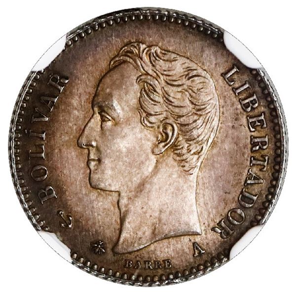 VENEZUELA, struck at the Paris mint, 5 centavos, 1874-A, serifed A, NGC MS 63.