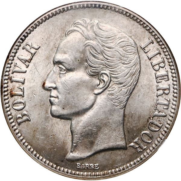 VENEZUELA, struck at the Philadelphia Mint, 5 bolívares, 1929, NGC MS 61.