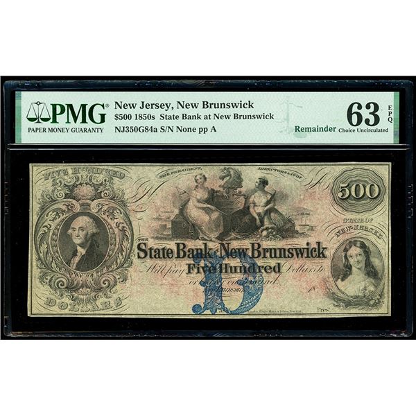 UNITED STATES, New Brunswick, New Jersey, State Bank at New Brunswick, $500 remainder, no date (1850