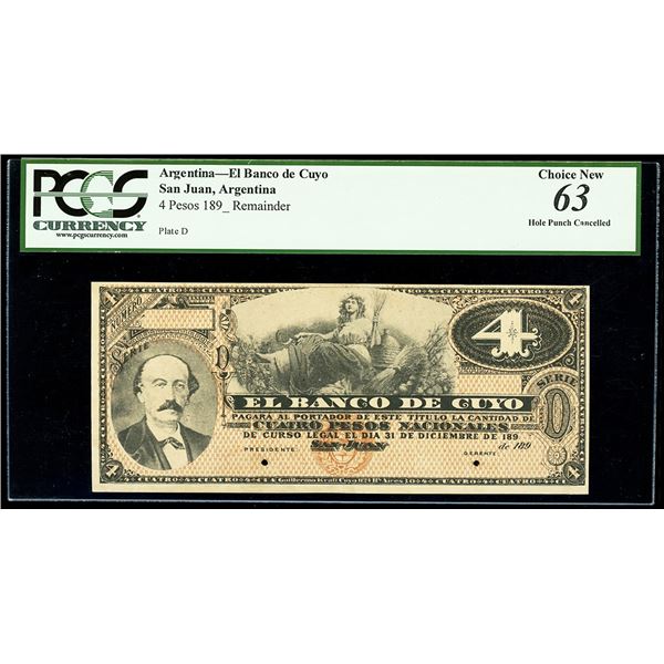 ARGENTINA, San Juan, Banco de Cuyo, 4 pesos specimen, 189X (1890s), PCGS Currency Choice New 63.