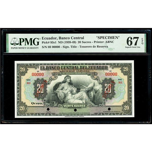 ECUADOR, Quito, Banco Central, 20 sucres specimen, no date (1939-49), PMG Superb Gem UNC 67 EPQ, "to