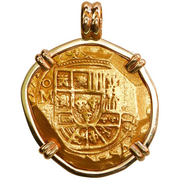 MEXICO, Mexico City, gold cob 8 escudos, 1715 J, ex-1715 Fleet, mounted shield-side out in 14K