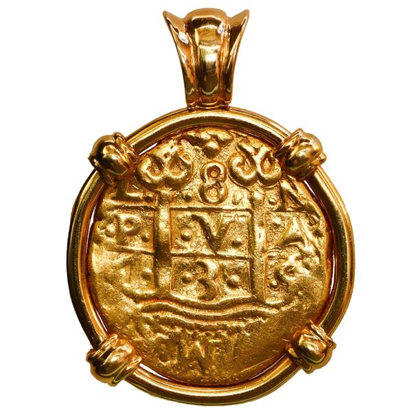 PERU, Lima, gold cob 8 escudos, 1735 N, mounted pillars-side out in 18K gold bezel with fixed bail.