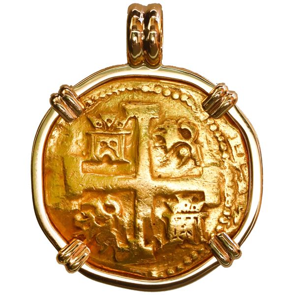 PERU, Lima, gold cob 8 escudos, 1741 V, mounted cross-side out in 14K gold bezel with fixed bail.