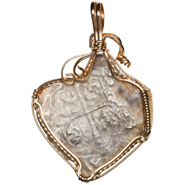MEXICO, Mexico City, cob 8 reales, 1656 P, ex-"Jupiter Wreck" (1656), mounted in 14K gold wire bezel