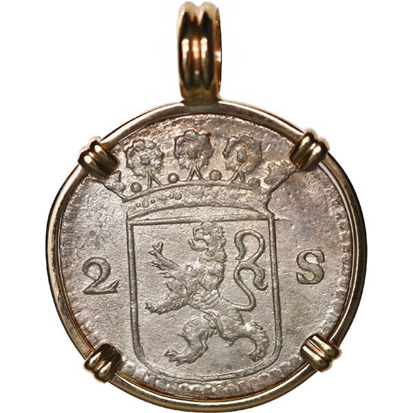 NETHERLANDS (United), Holland, 2 stuivers, 1724, ex-Akerendam (1725), mounted in 14K gold bezel with