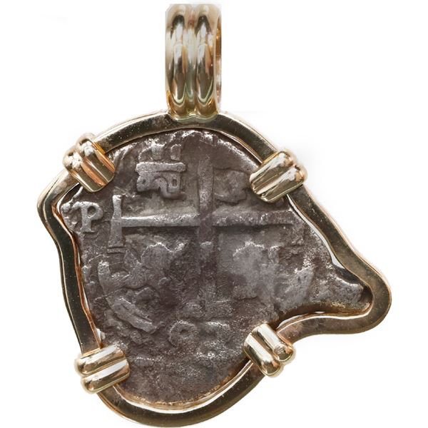 BOLIVIA, Potosí, cob 1 real, 1693 VR, very odd shape (as made), mounted cross-side out in 14K gold b
