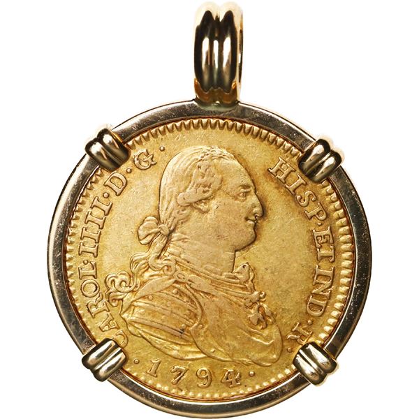 SPAIN, Madrid, gold bust 2 escudos, Charles IV, 1794 MF, mounted bust-side out in 18K gold bezel wit