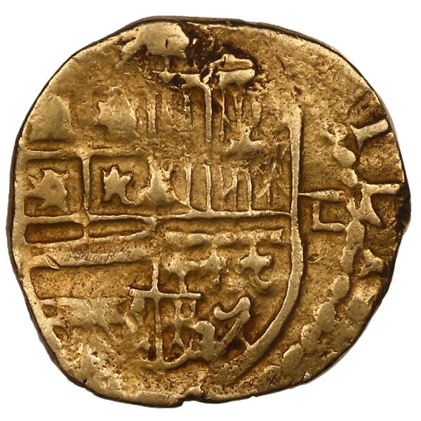 SPAIN, Seville, gold cob 1 escudo, Philip II, assayer Gothic D with open right side to right.