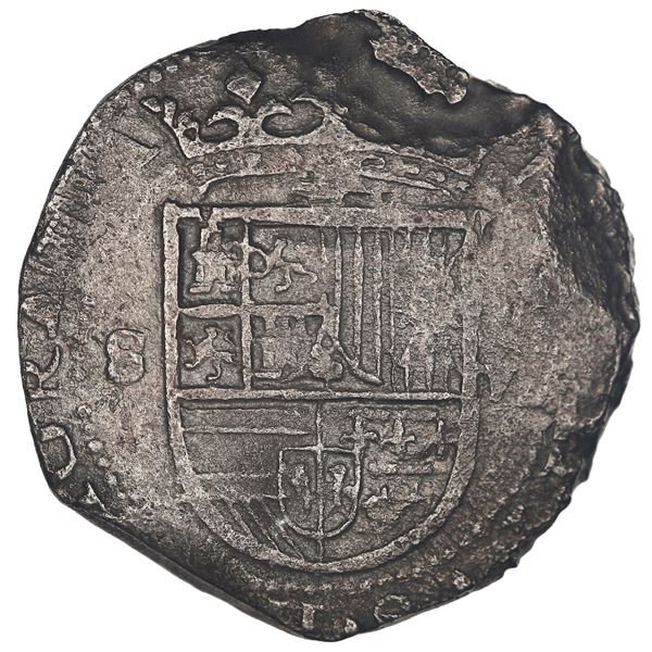 SPAIN, Seville, cob 8 reales, Philip II, assayer Gothic D at 4 o'clock outside tressure on reverse.