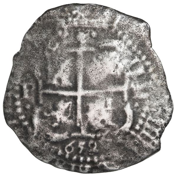 BOLIVIA, Potosí, cob 8 reales, 1652 E, post-transitional (Transitional Type VIII/B), 1-PH-6 at top.