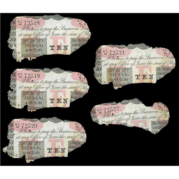 INDIA (British), Calcutta, lot of five 10-rupee notes, 25-11-1916, series AC, consecutive serials 72
