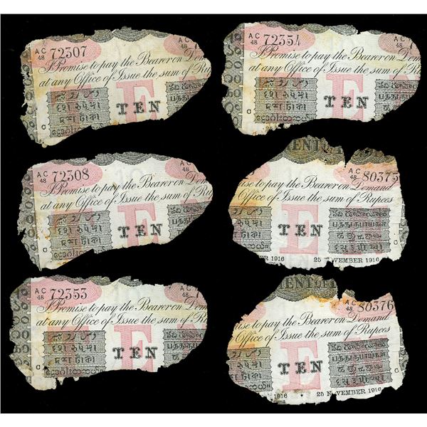 INDIA (British), Calcutta, lot of six 10-rupee notes, 25-11-1916, series AC, various serial numbers 