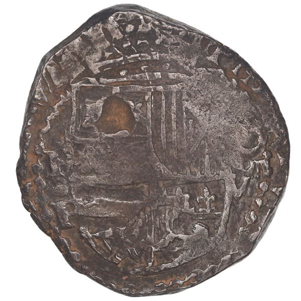 BOLIVIA, Potosí, cob 8 reales, Philip IV, assayer P (1620s), quadrants of cross transposed, "flat" l